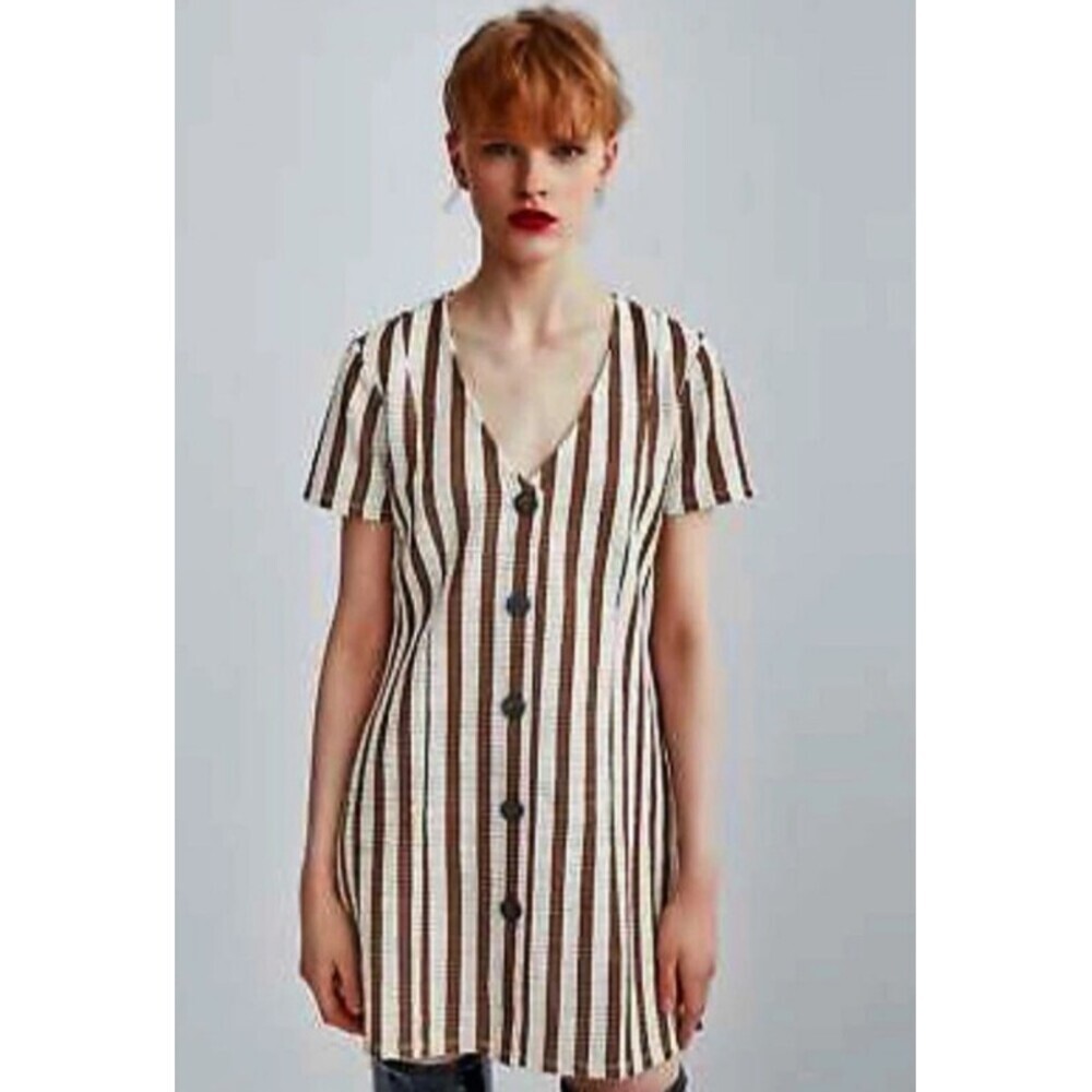 Zara Stripped Deep V-Neck Dress Women M Woven Knit Button Up Preppy Hipster Boho